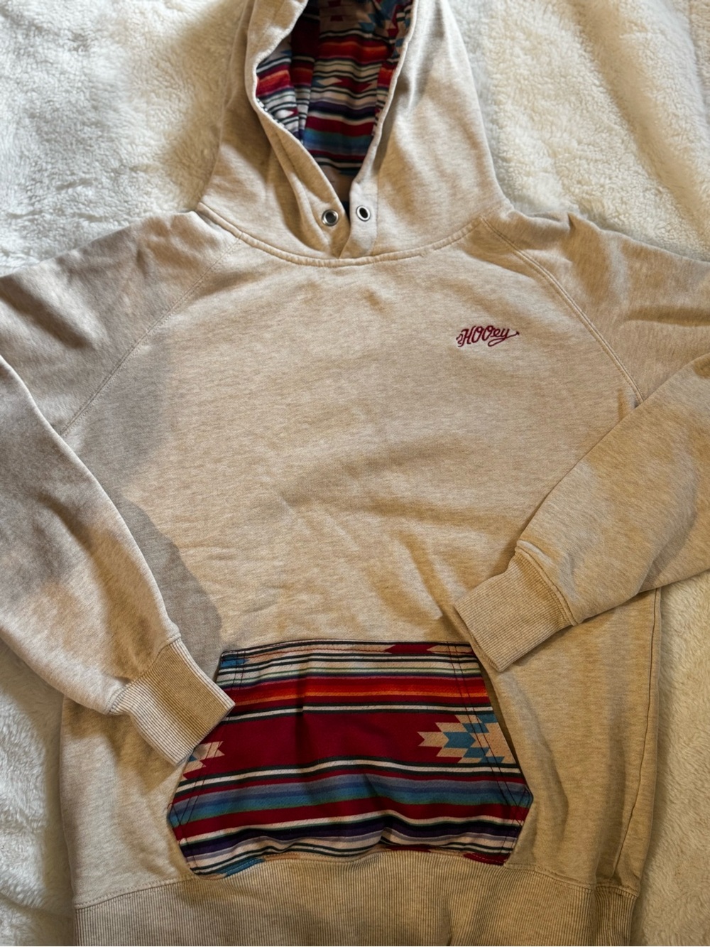 Hooey Cream Pullover Hoodie with Multicolor Aztec Pocket and Hood Lining
